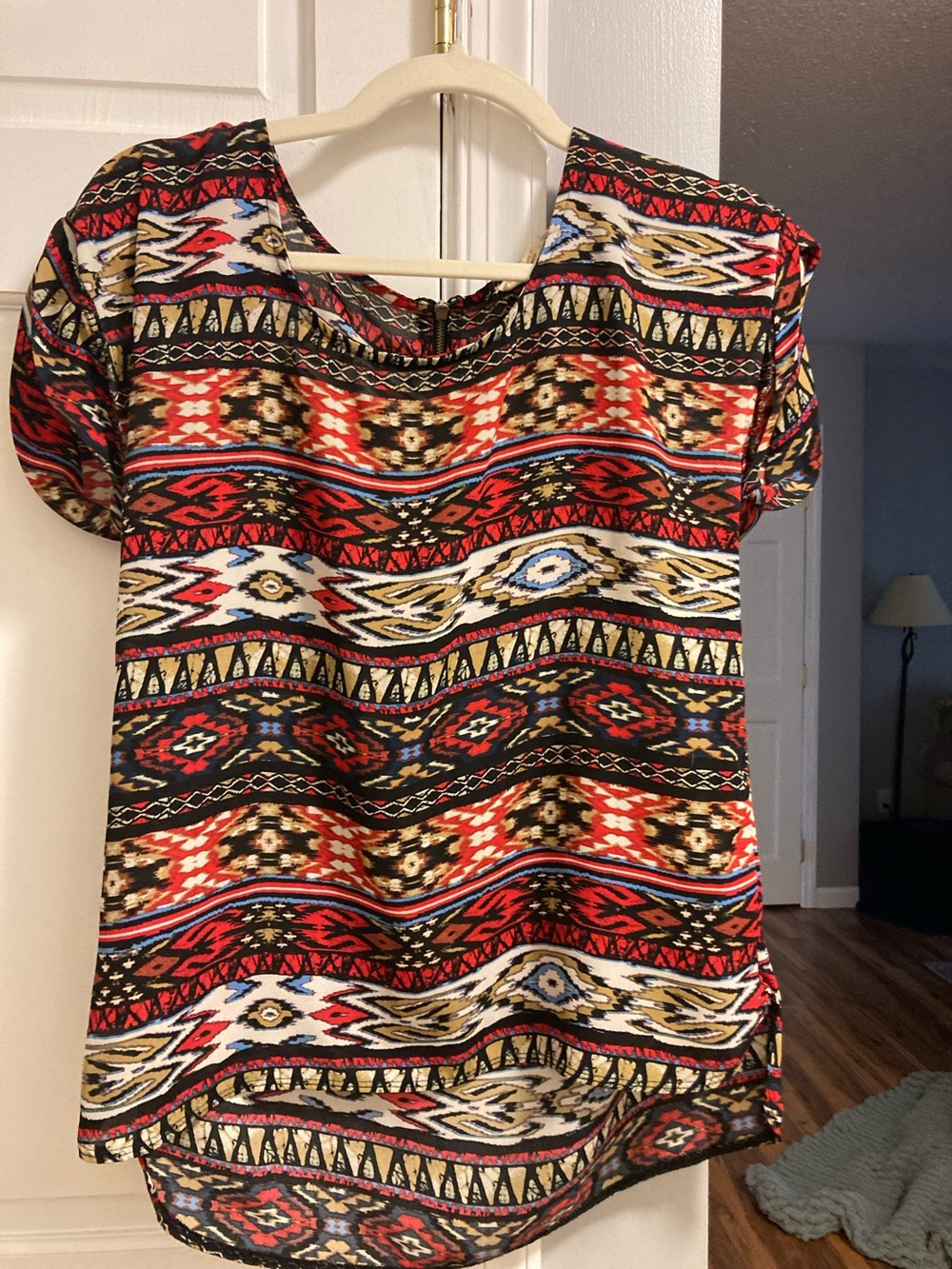 Pink Rose Aztec Print Short Sleeve Top in Red, Black, Cream, Blue